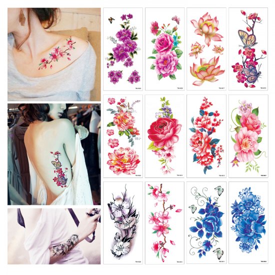 Flower Temporary Tattoos Stickers Lotus Cherry Blossoms Fake Tattoo Pack of 12 Sheets - Click Image to Close