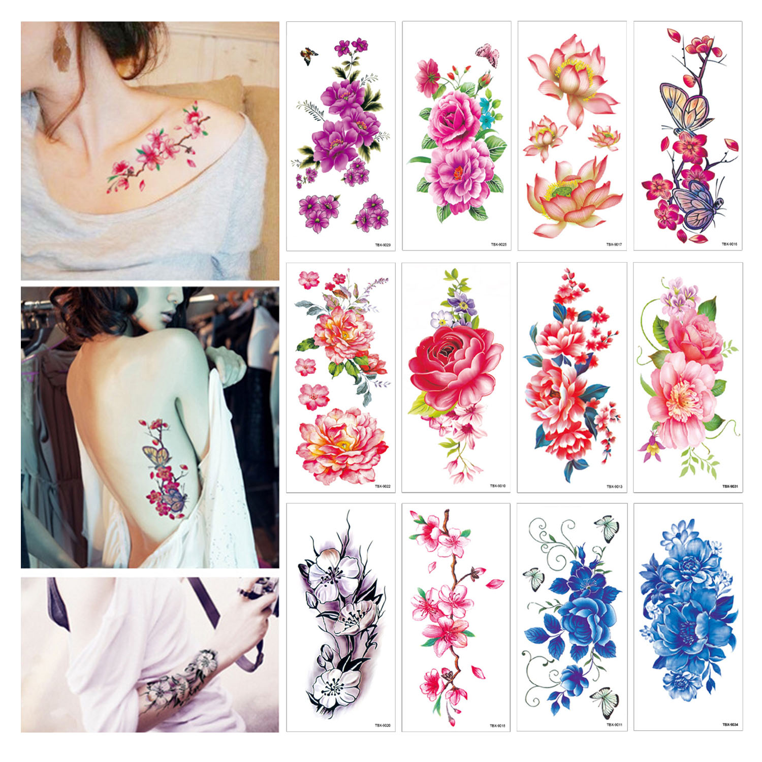 Flower Temporary Tattoos Stickers Lotus Cherry Blossoms Fake Tattoo Pack of 12 Sheets